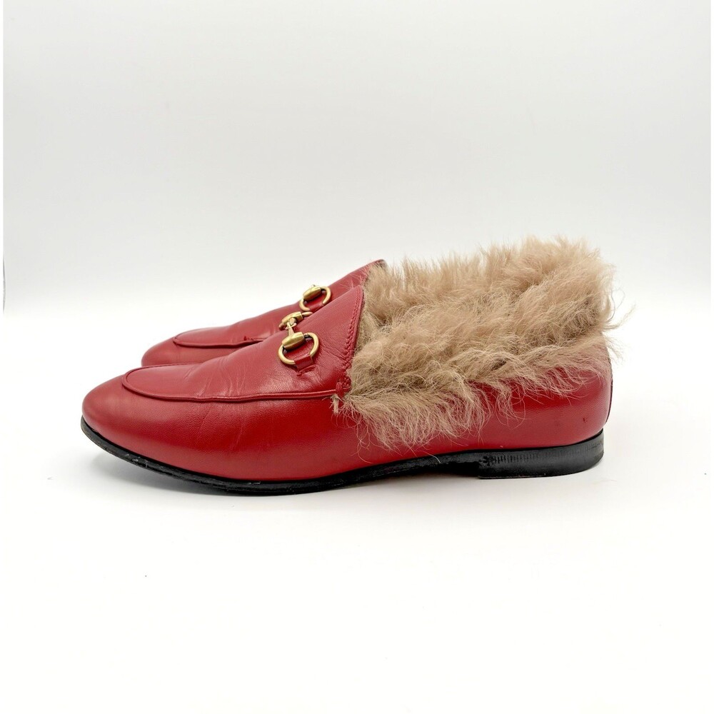 Gucci Red Leather Jordaan Loafers w/ Fur Shearling Trim & Gold Horse-bit EU 37 - Picture 2 of 10